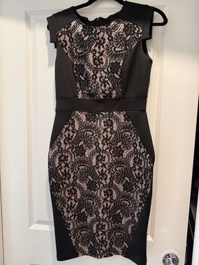 Enfocus Studio Black and Blush Lace-Panel Midi Dress
